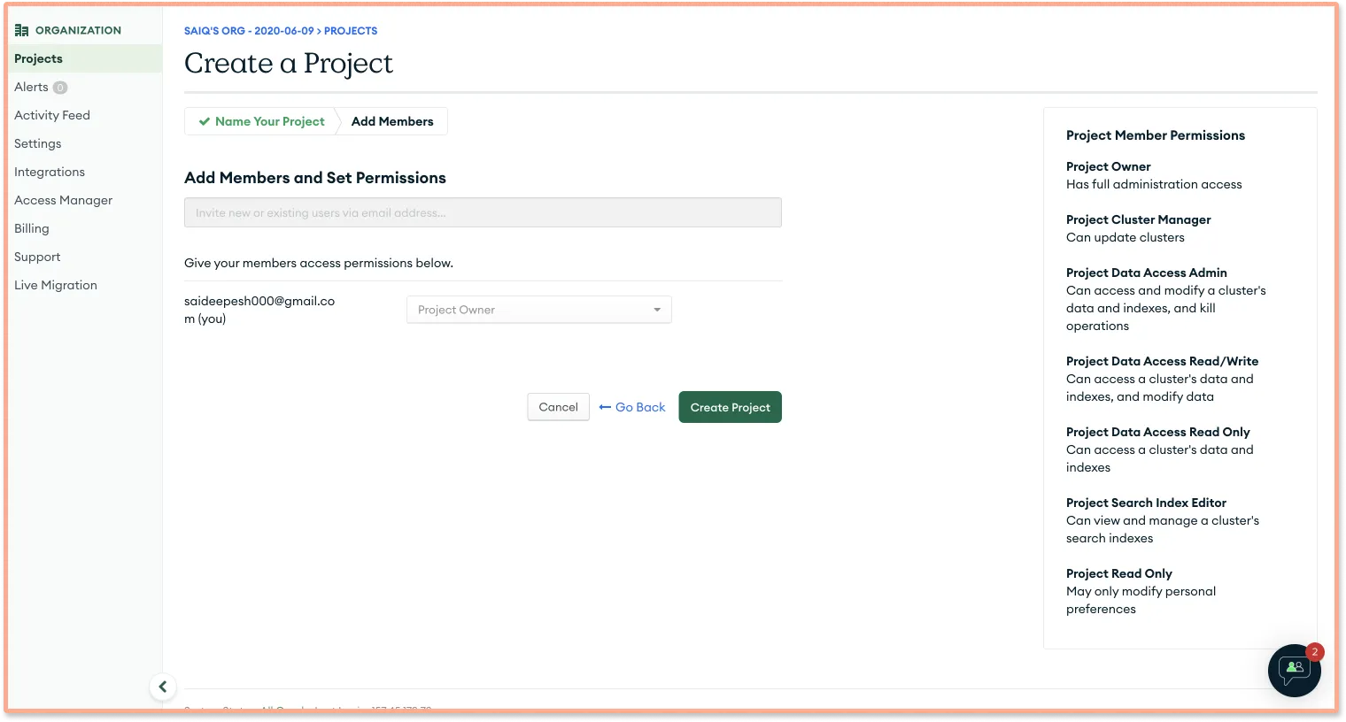 MongoDB create a project