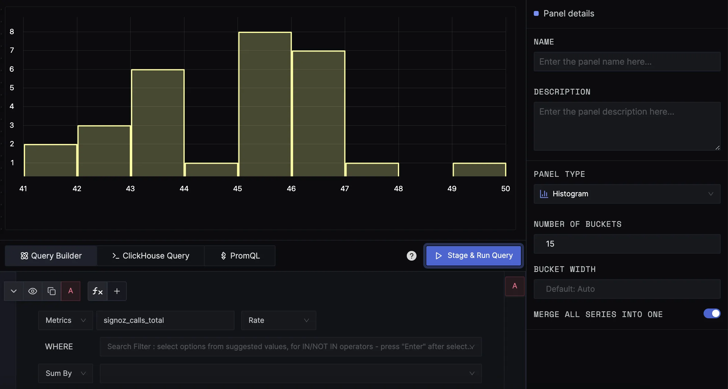 Histogram with one series and 15 buckets